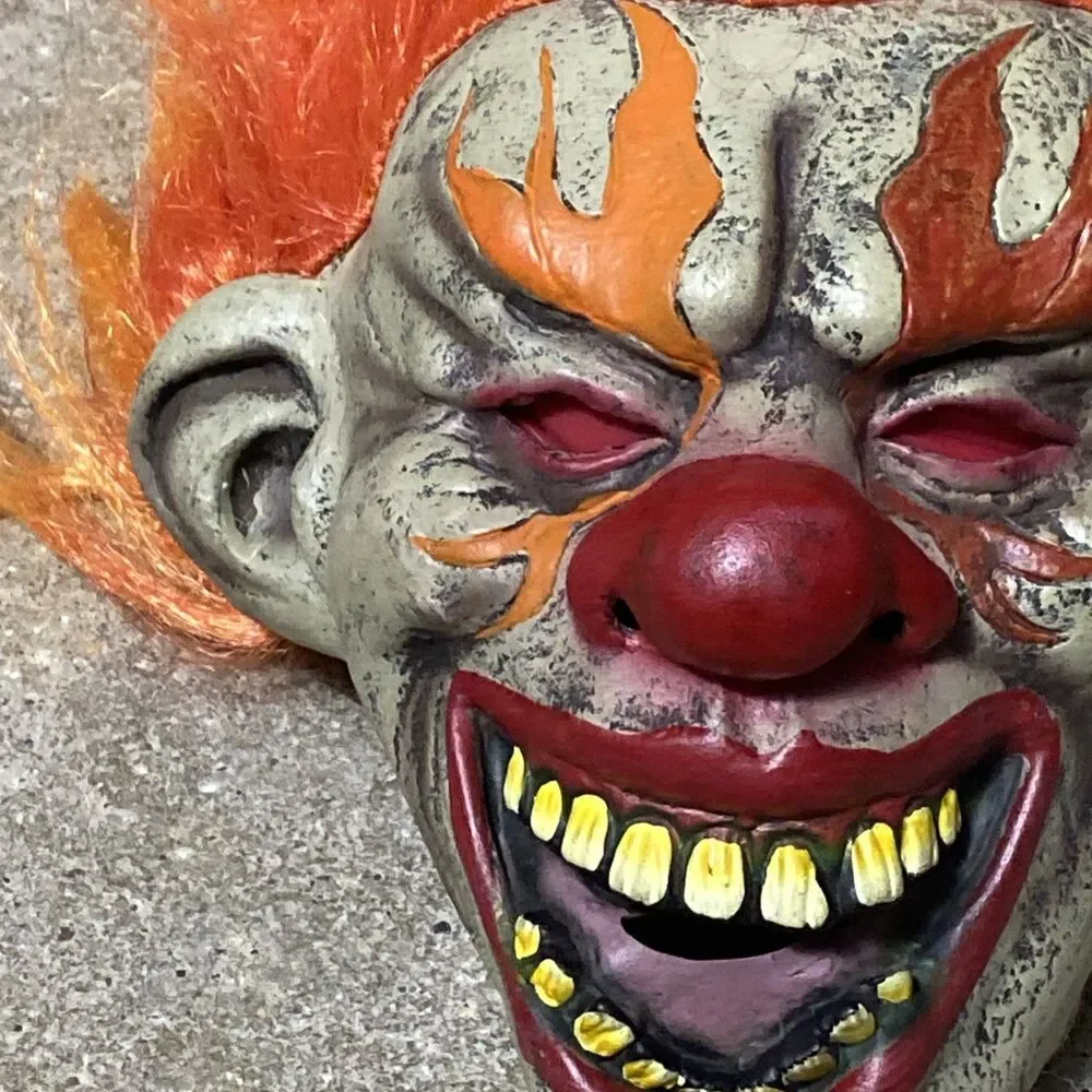 Evil Clown Adult Mask Orange Hair Grinning Teeth Latex Halloween Creepy